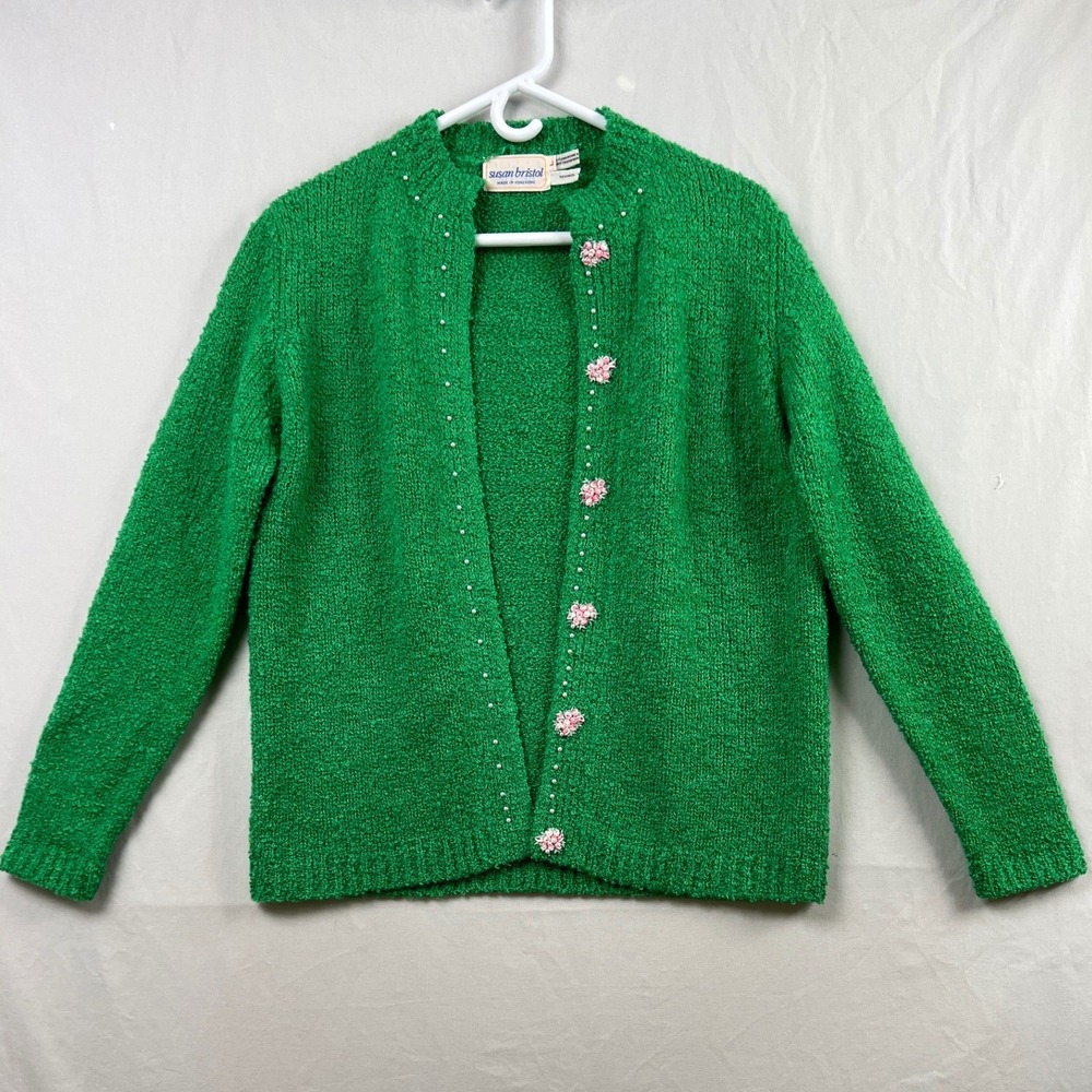Vintage Susan Bristol Cardigan Sweater Womens L Green Wool Blend Floral Pearl